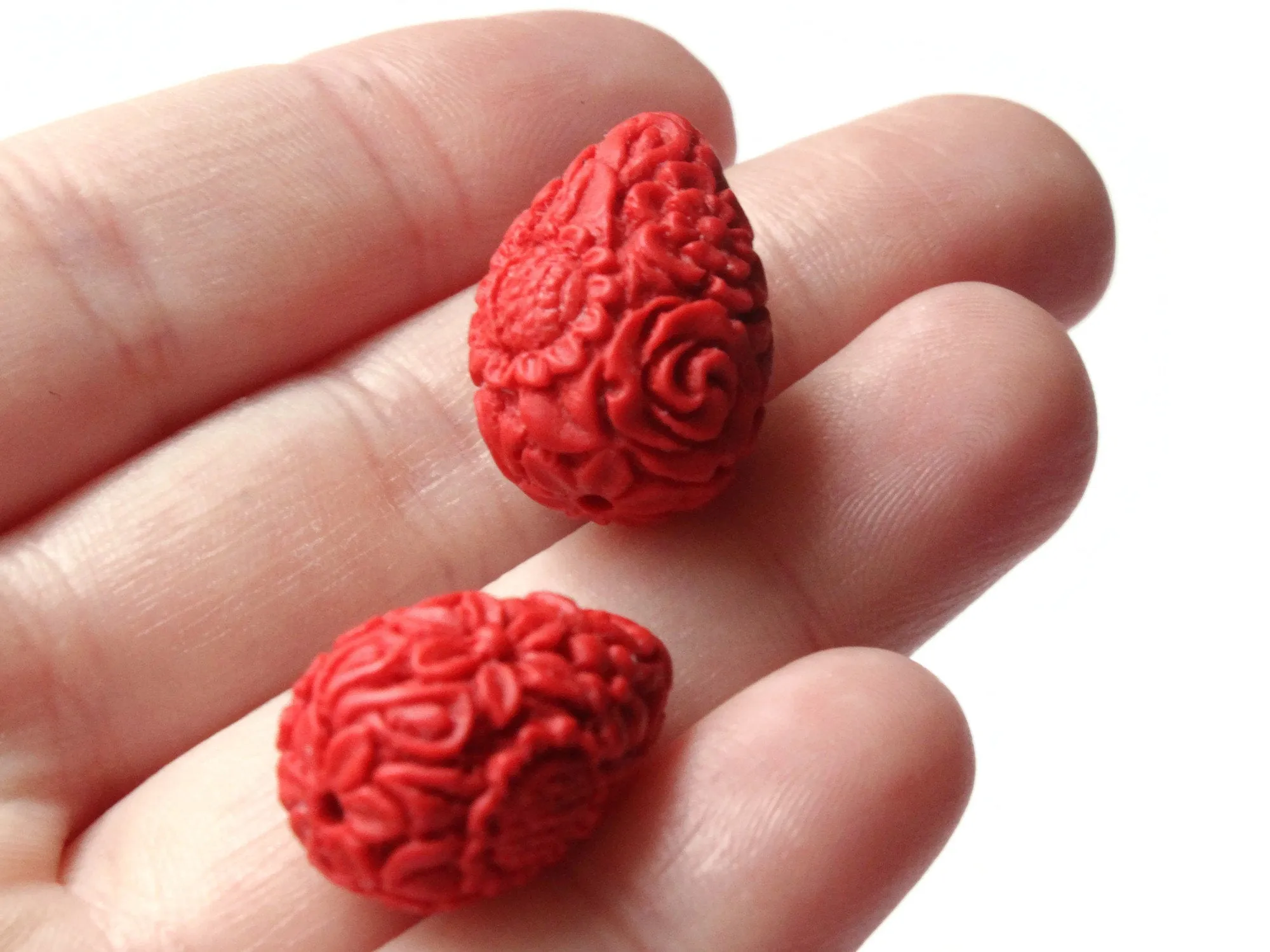 2 Floral Cinnabar Teardrop Lacquer Beads Loose Red Flower Patterned Beads