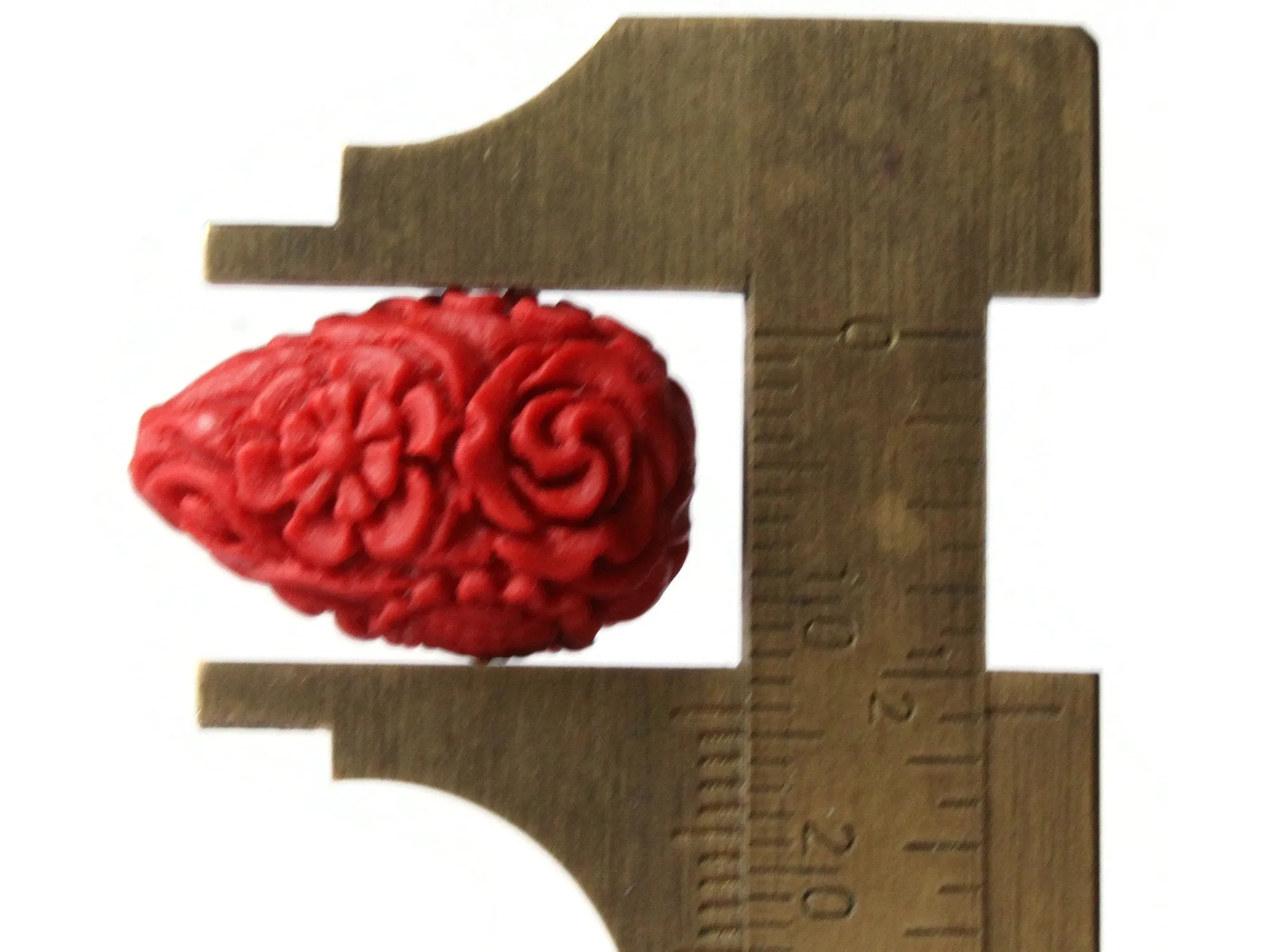 2 Floral Cinnabar Teardrop Lacquer Beads Loose Red Flower Patterned Beads