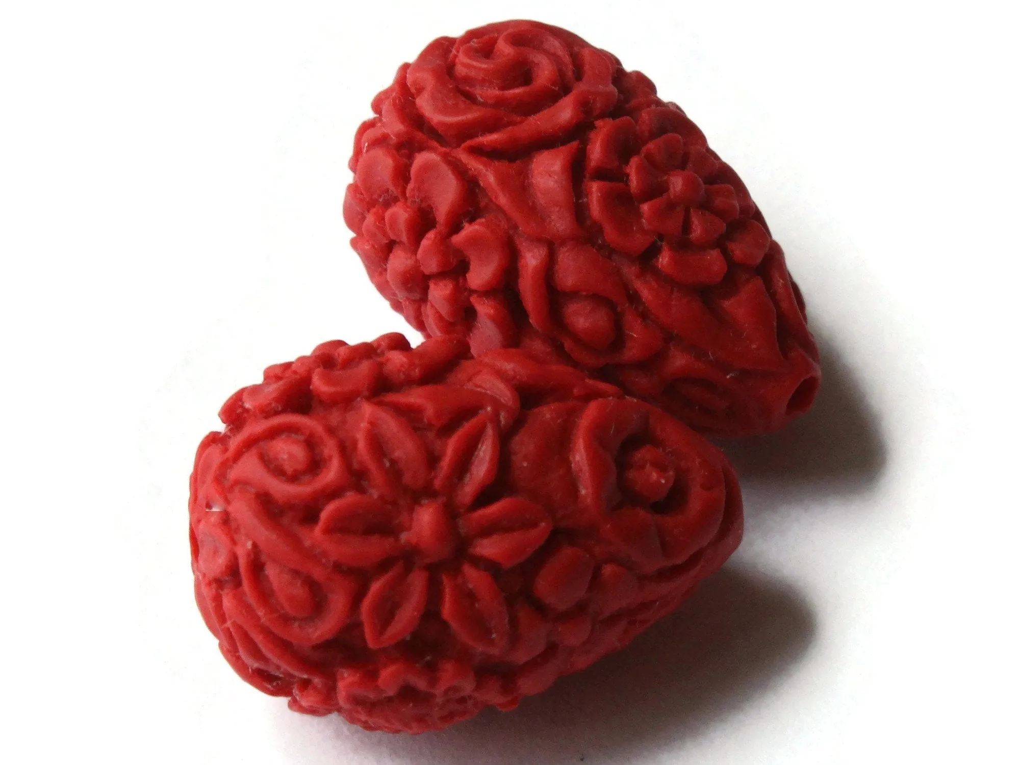 2 Floral Cinnabar Teardrop Lacquer Beads Loose Red Flower Patterned Beads