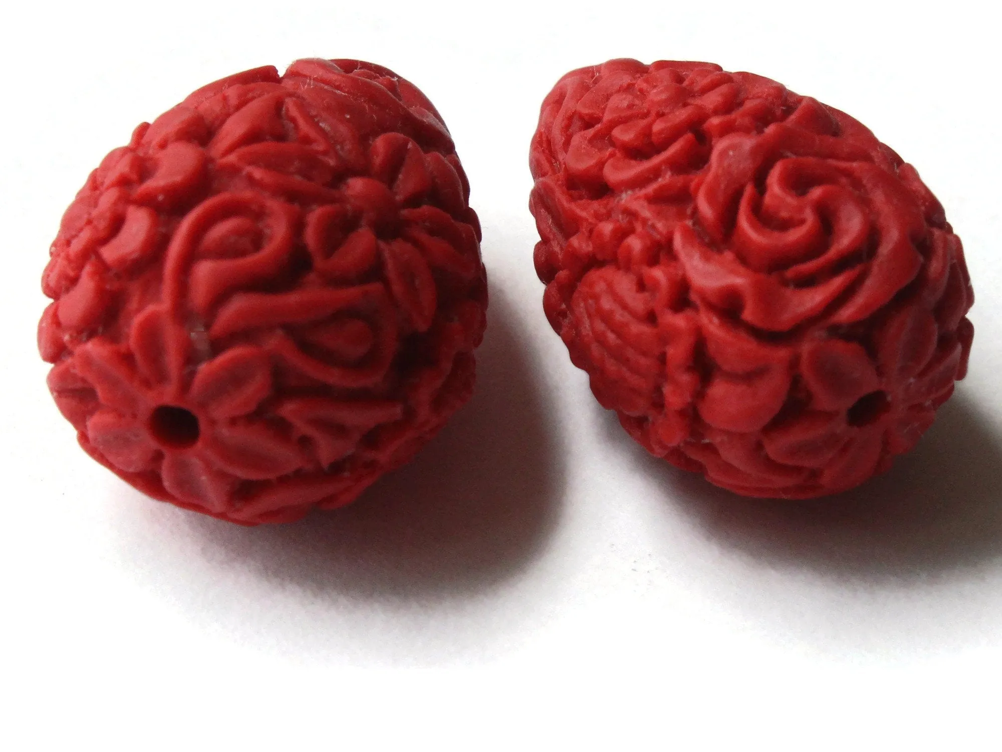 2 Floral Cinnabar Teardrop Lacquer Beads Loose Red Flower Patterned Beads