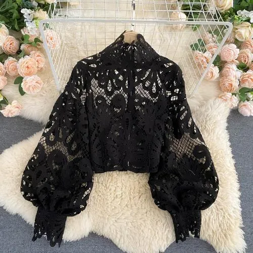 2021 New!!! Women's Sexy Lace Blouse Casual Lantern Long Sleeve Size One Size