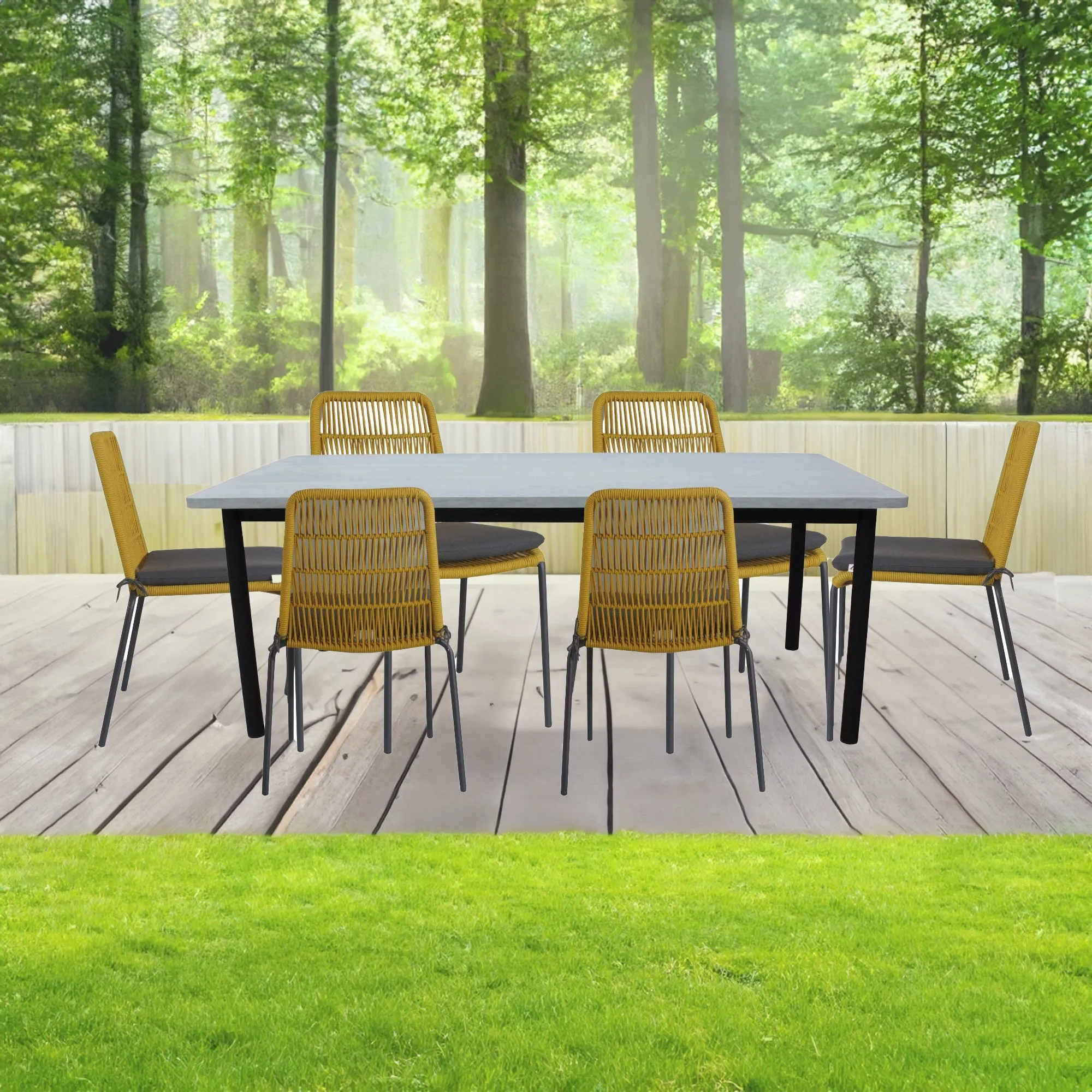 6pc Yellow Waterproof Rope Dining Chairs, Metal Frame
