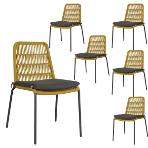 6pc Yellow Waterproof Rope Dining Chairs, Metal Frame