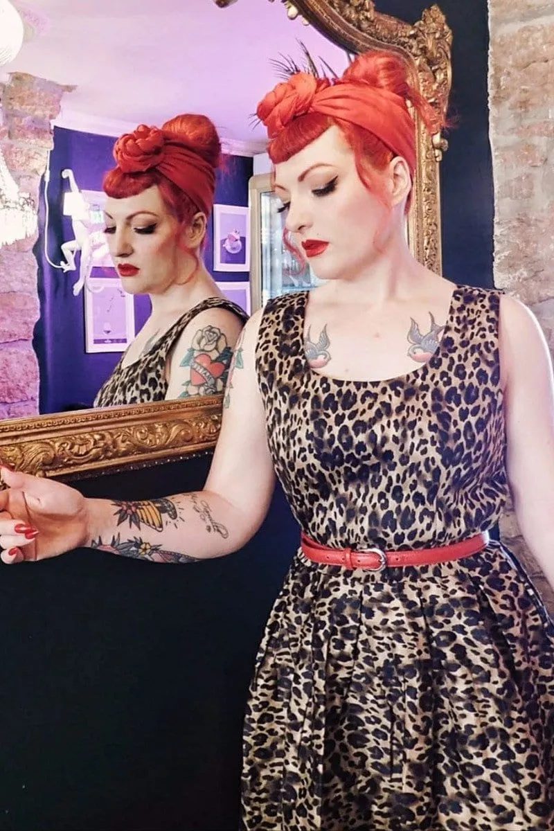 Amanda Retro Swing Dress in Brown Leopard Animal Print