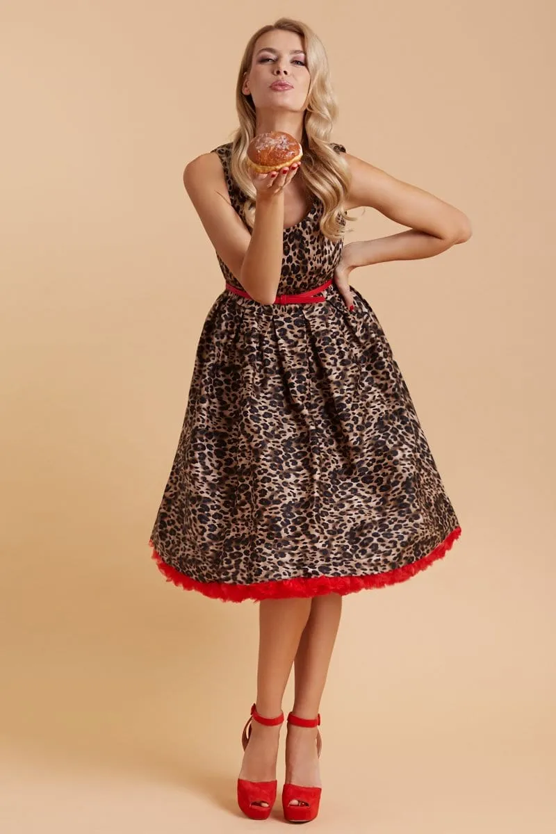 Amanda Retro Swing Dress in Brown Leopard Animal Print