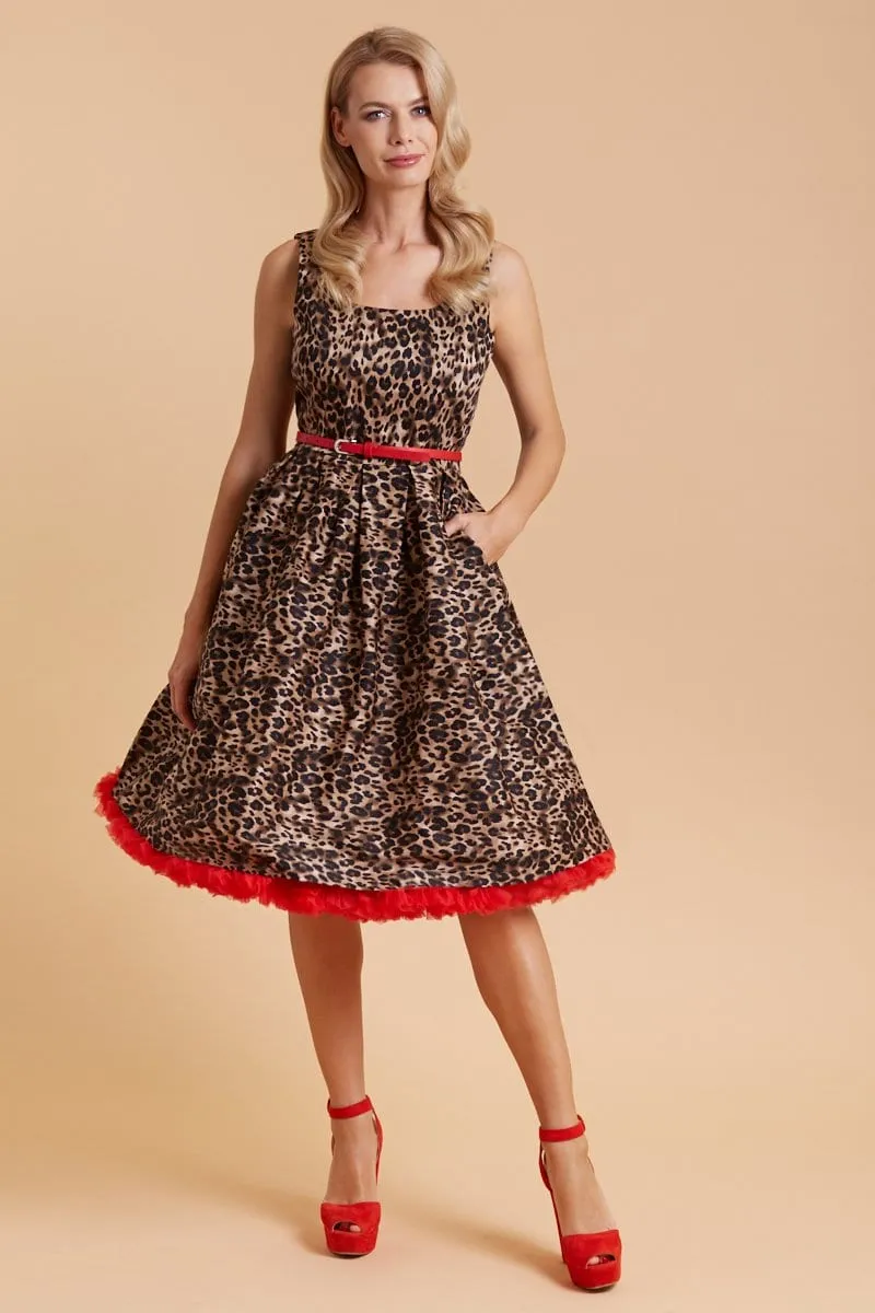 Amanda Retro Swing Dress in Brown Leopard Animal Print