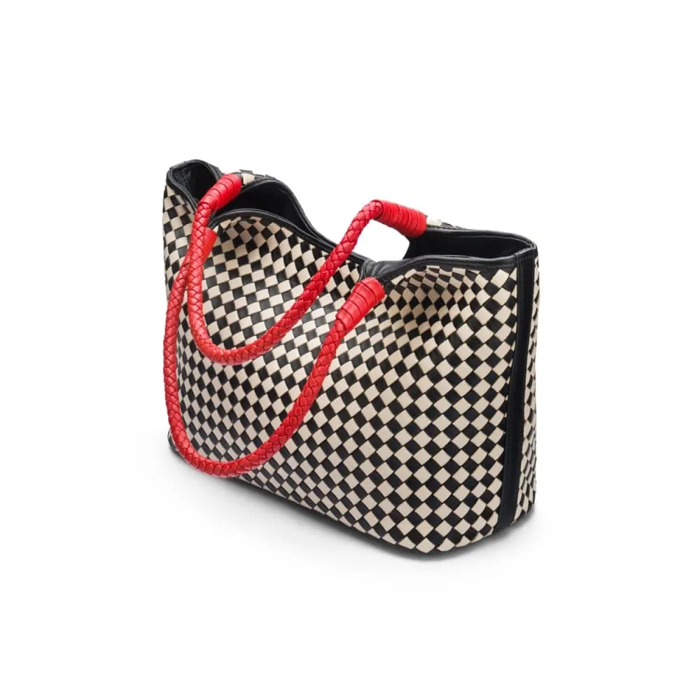Anya Woven Leather Shoulder Bag - Mono Check With Red