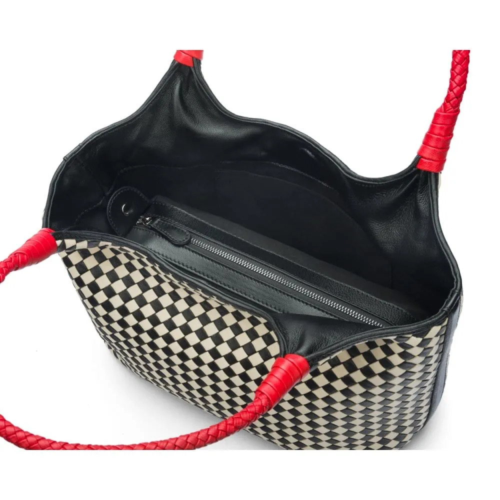 Anya Woven Leather Shoulder Bag - Mono Check With Red