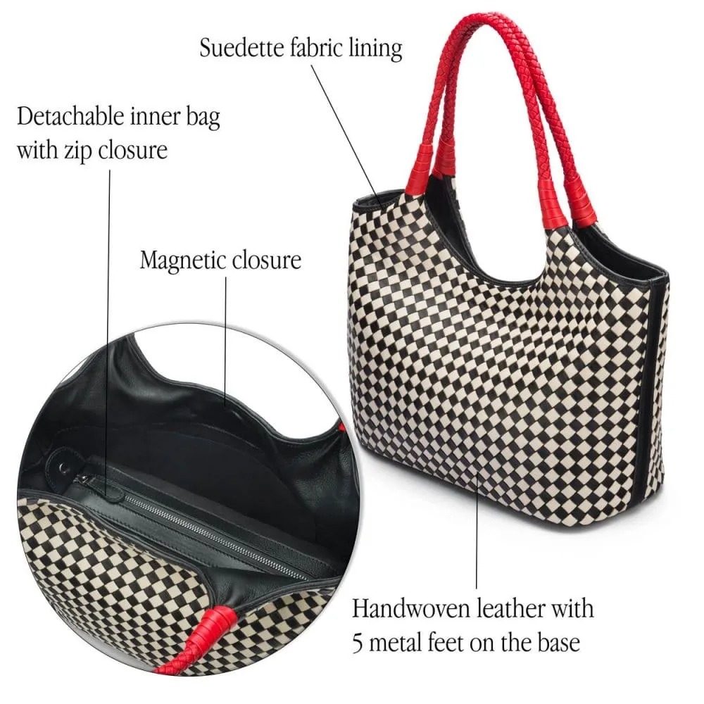 Anya Woven Leather Shoulder Bag - Mono Check With Red