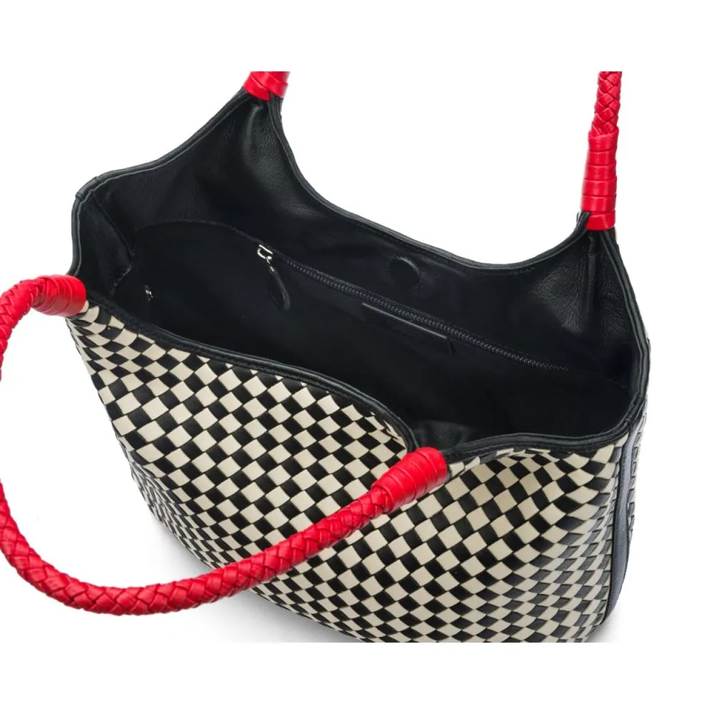 Anya Woven Leather Shoulder Bag - Mono Check With Red