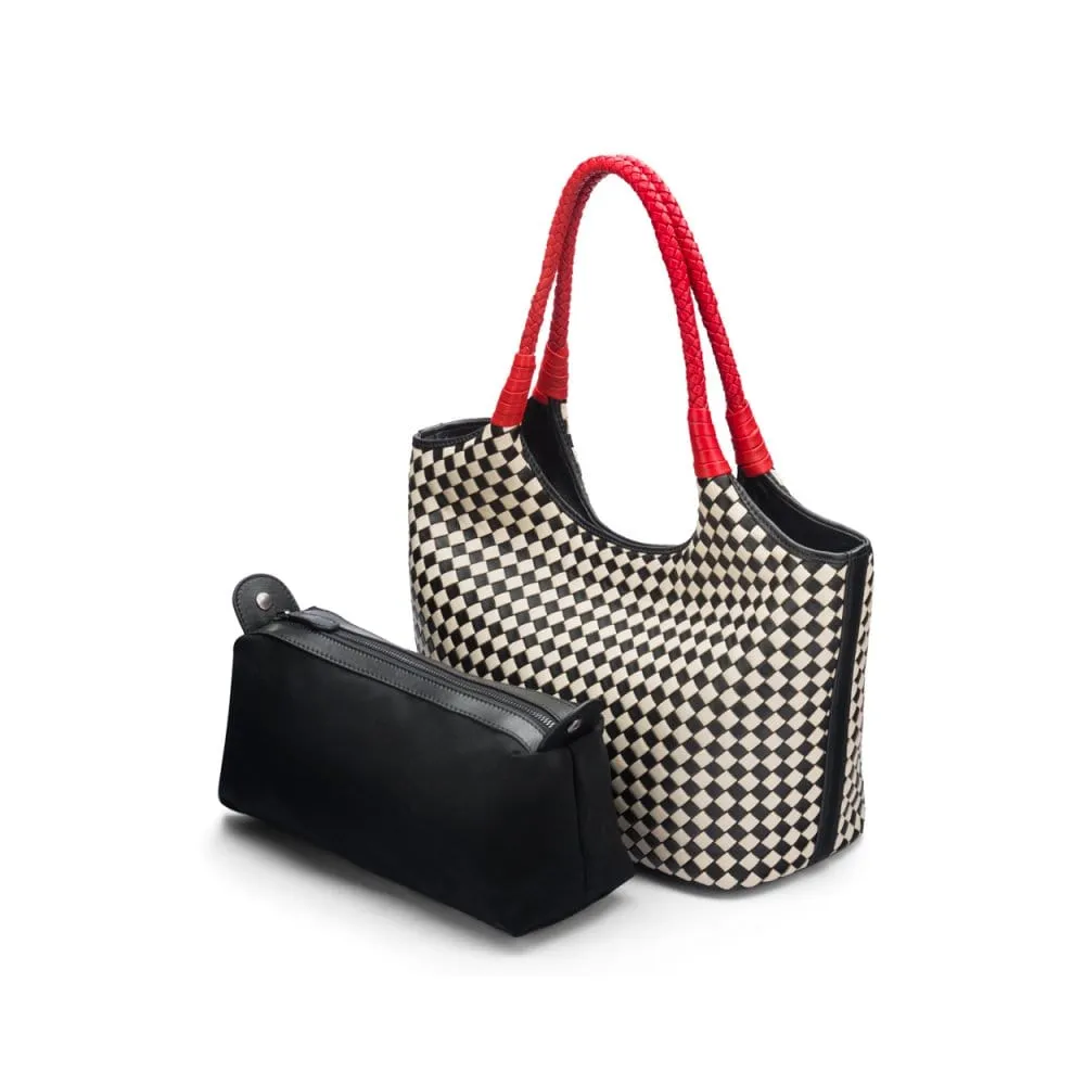 Anya Woven Leather Shoulder Bag - Mono Check With Red