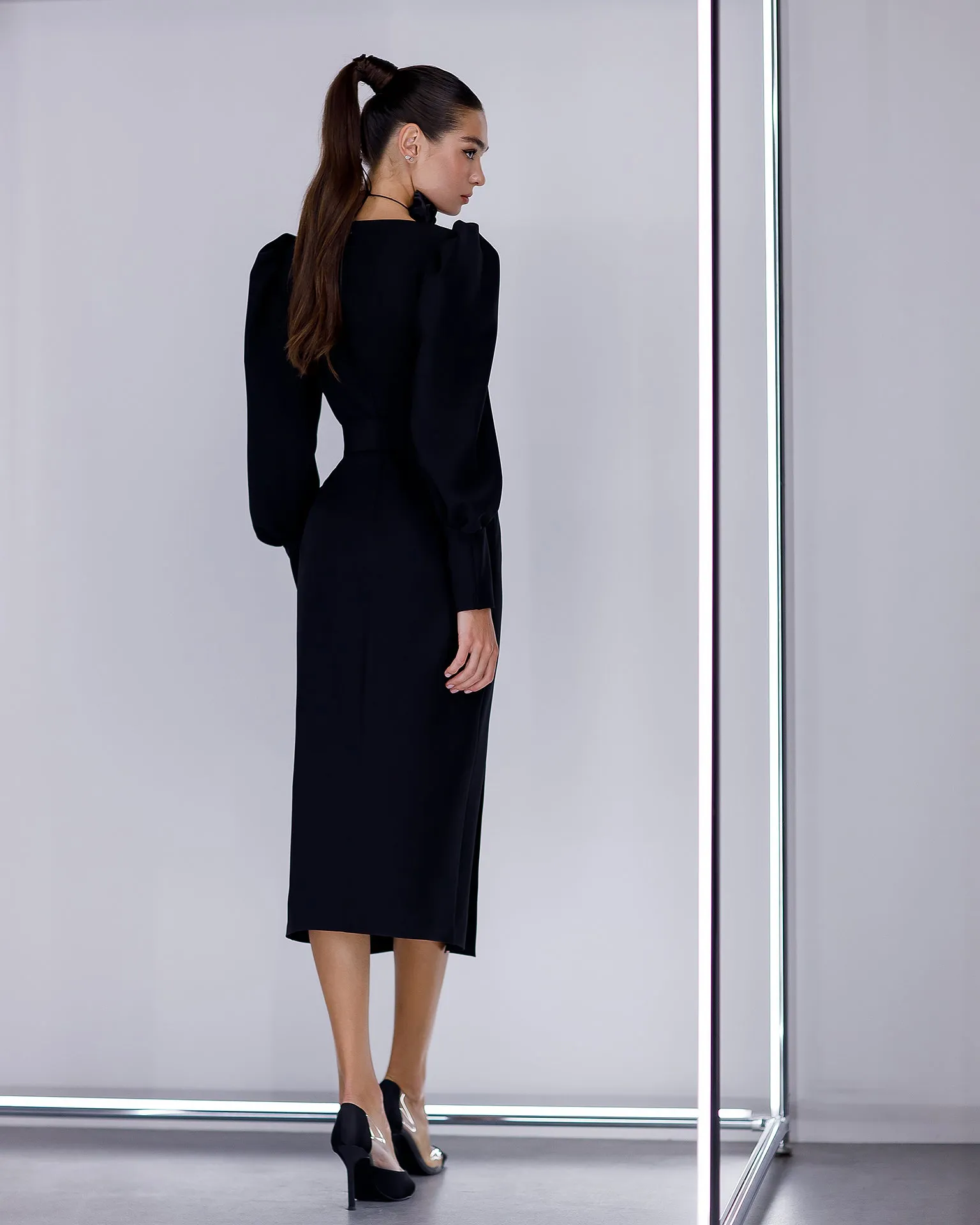Black Puff-Sleeve Belted Midi Dress