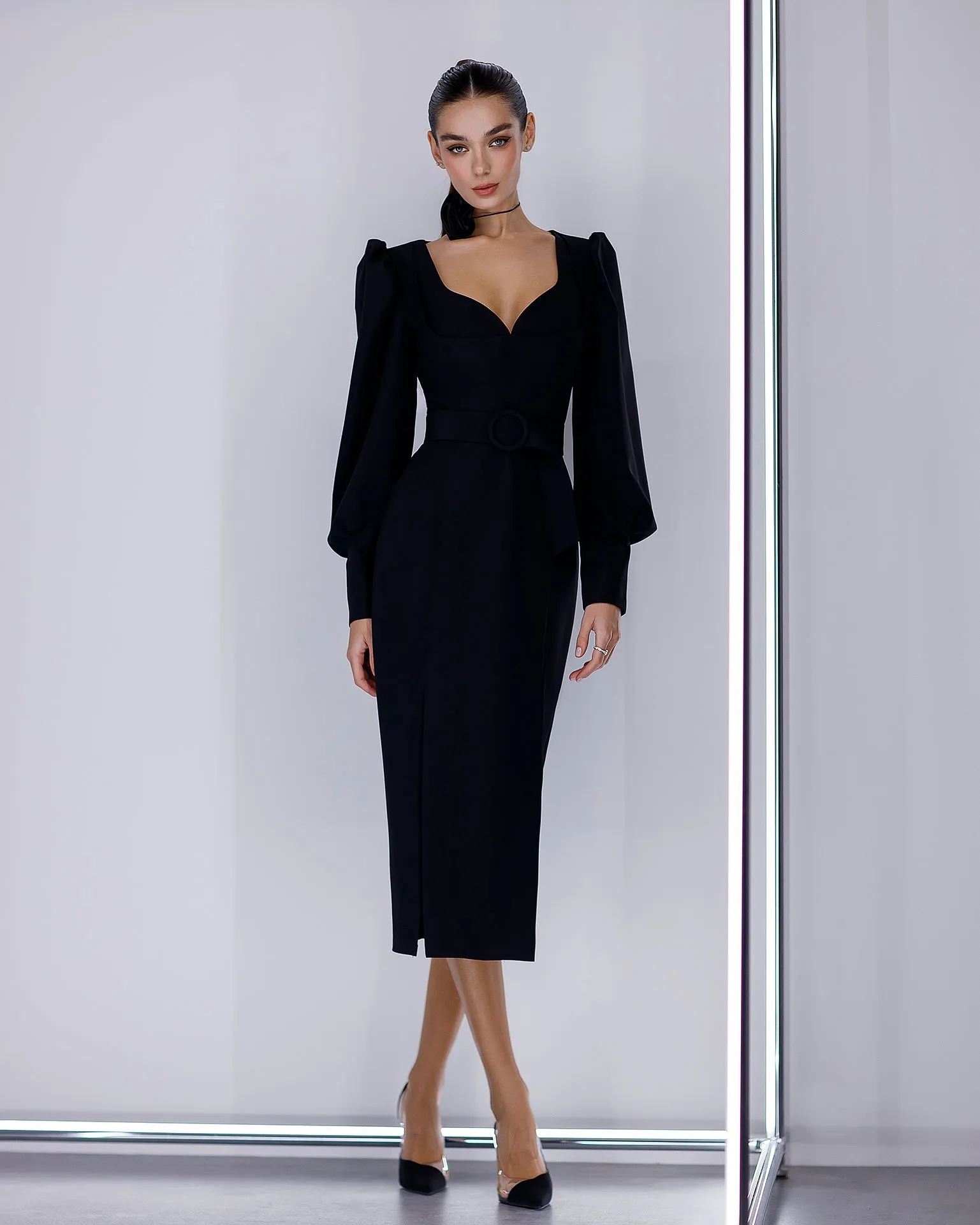 Black Puff-Sleeve Belted Midi Dress