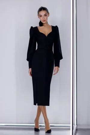 Black Puff-Sleeve Belted Midi Dress