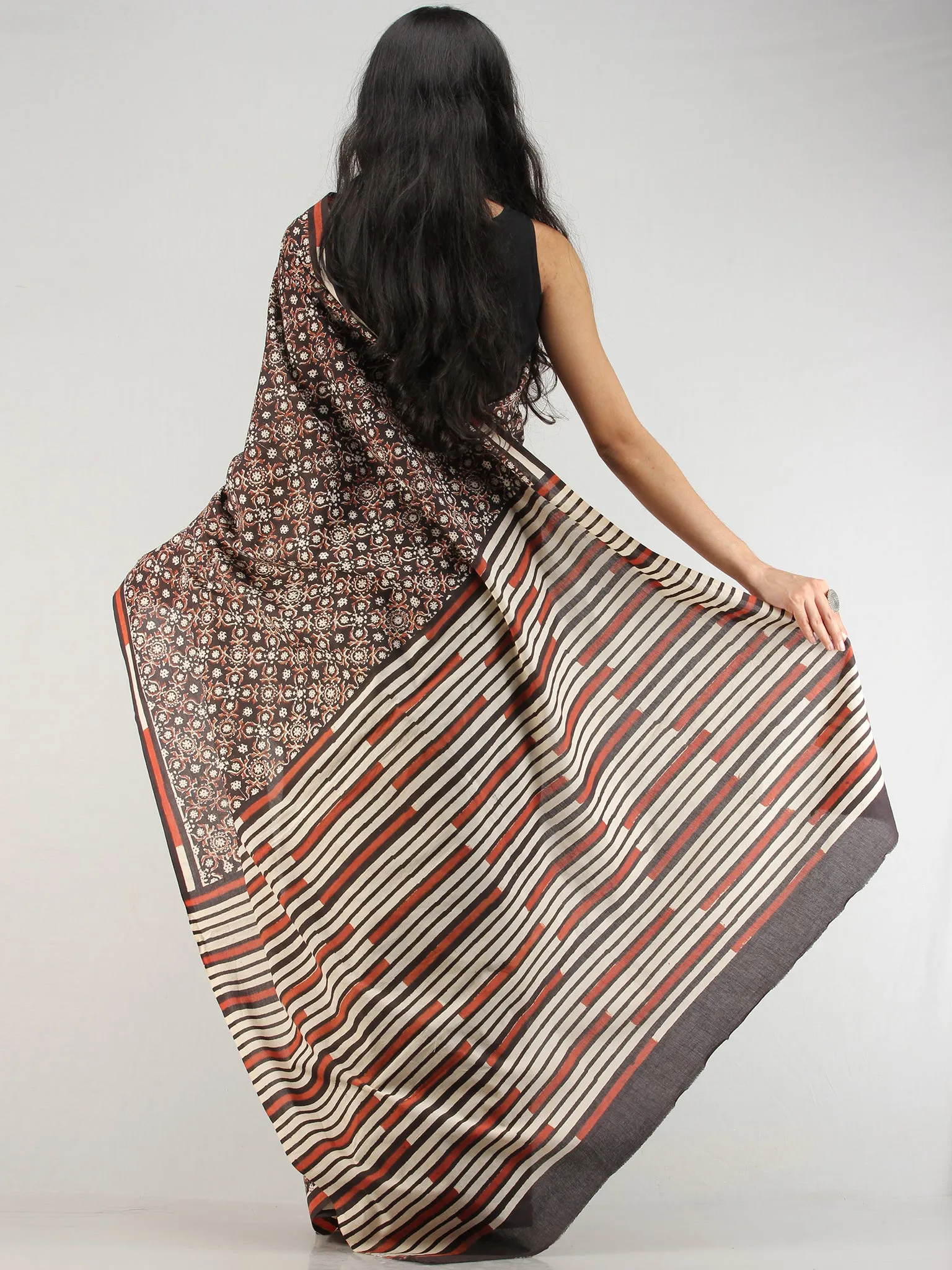Black Rust Ivory Indigo Hand Block Printed  Cotton Mul Saree - S031704566