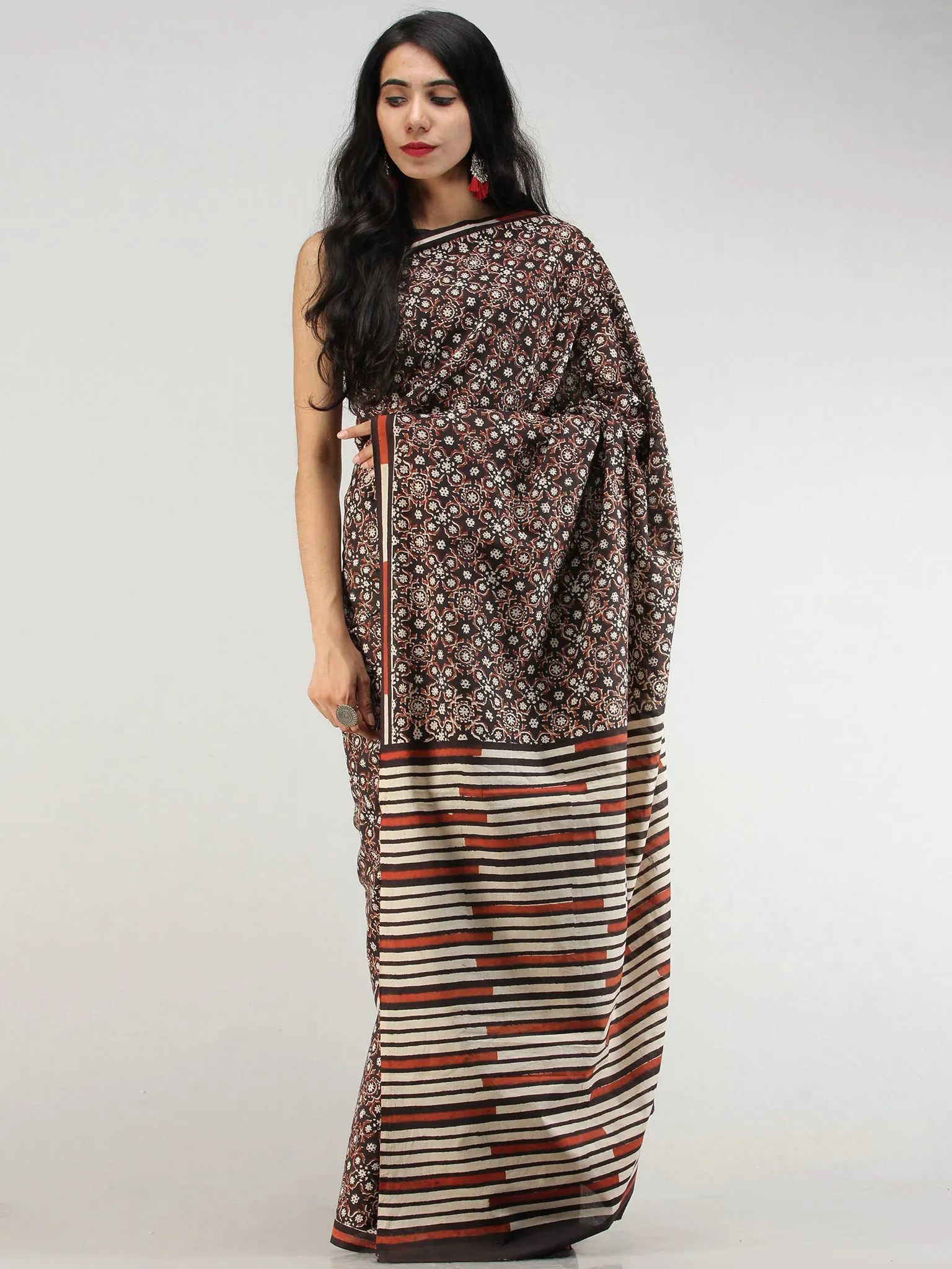 Black Rust Ivory Indigo Hand Block Printed  Cotton Mul Saree - S031704566