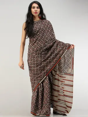 Black Rust Ivory Indigo Hand Block Printed  Cotton Mul Saree - S031704566