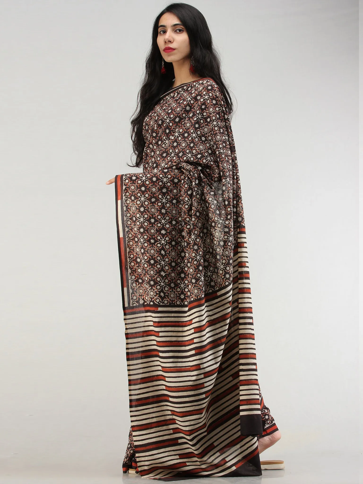 Black Rust Ivory Indigo Hand Block Printed  Cotton Mul Saree - S031704566