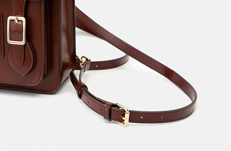 Black Small Ladies Square Leather Flap Backpack Purse Knapsack for Women