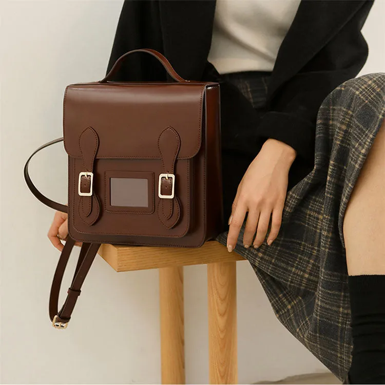 Black Small Ladies Square Leather Flap Backpack Purse Knapsack for Women