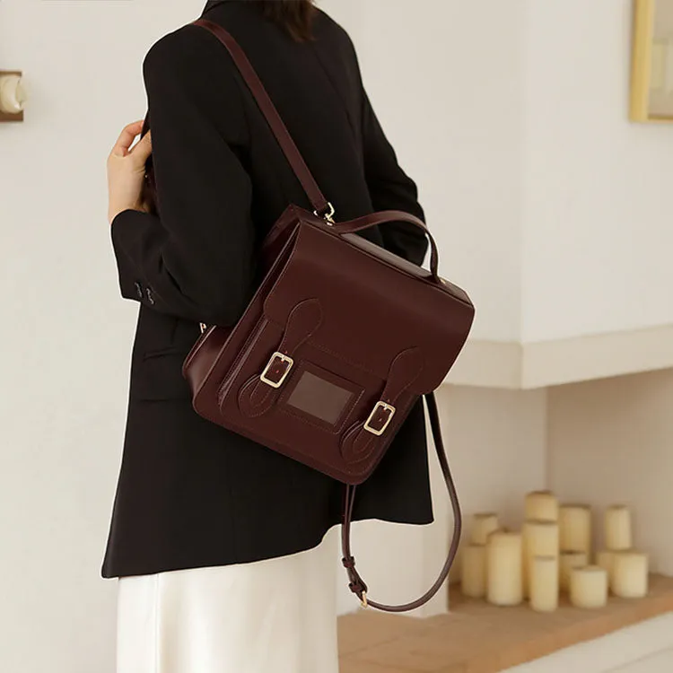 Black Small Ladies Square Leather Flap Backpack Purse Knapsack for Women