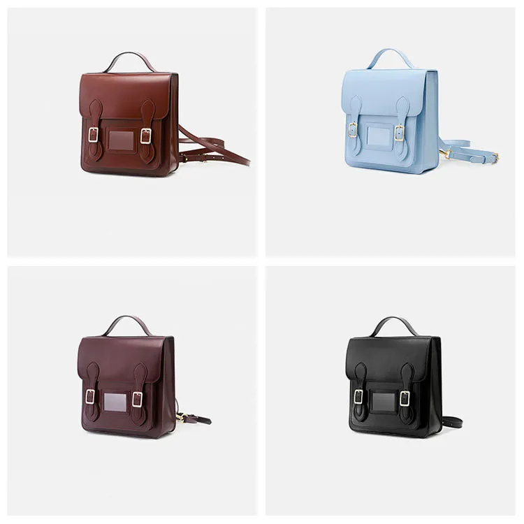 Black Small Ladies Square Leather Flap Backpack Purse Knapsack for Women