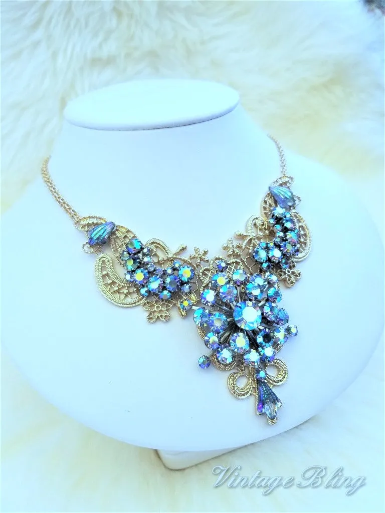 Blue Aurora Borealis Statement Necklace