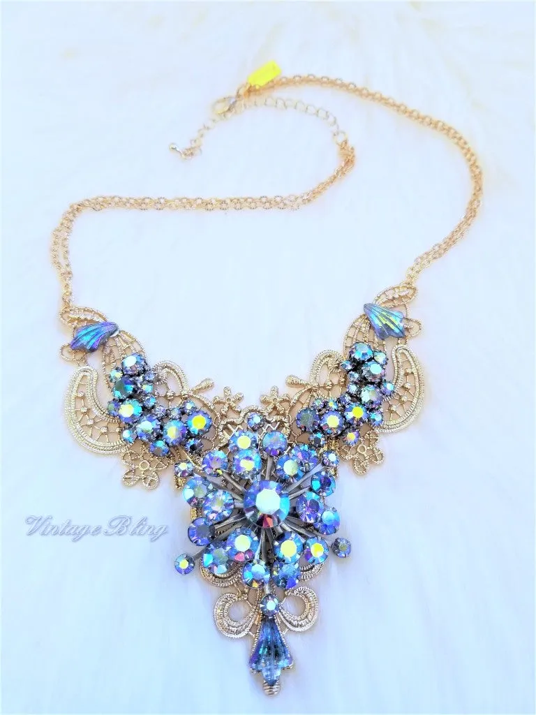 Blue Aurora Borealis Statement Necklace