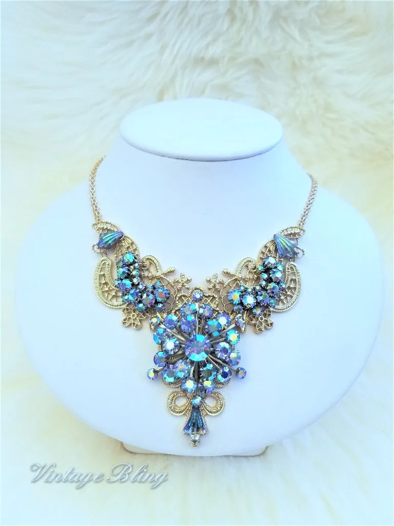 Blue Aurora Borealis Statement Necklace