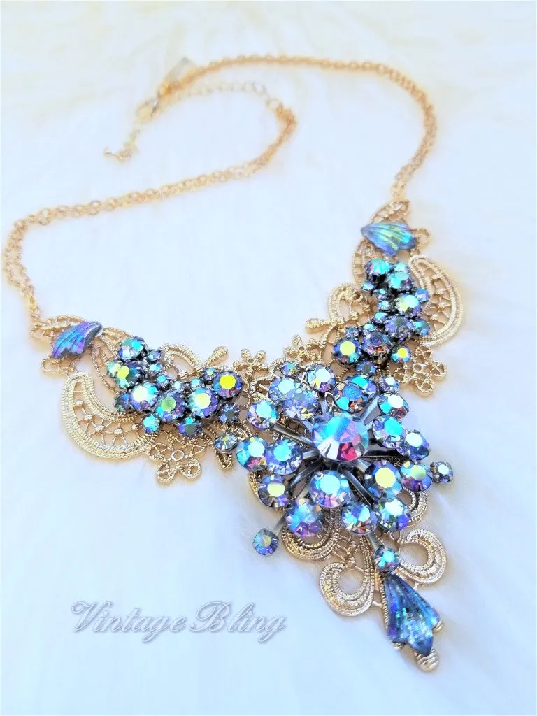 Blue Aurora Borealis Statement Necklace