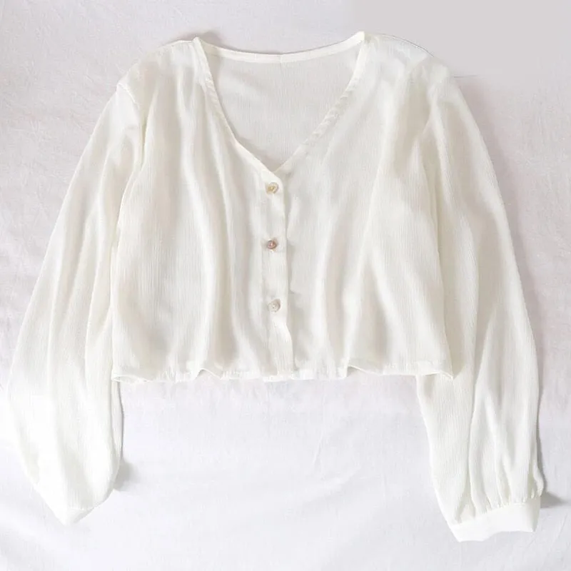 Chiffon Women Summer Thin Shirts Beach Long Sleeve Perspective Sun Shirt Sexy V Neck Button Up Female Crop Tops
