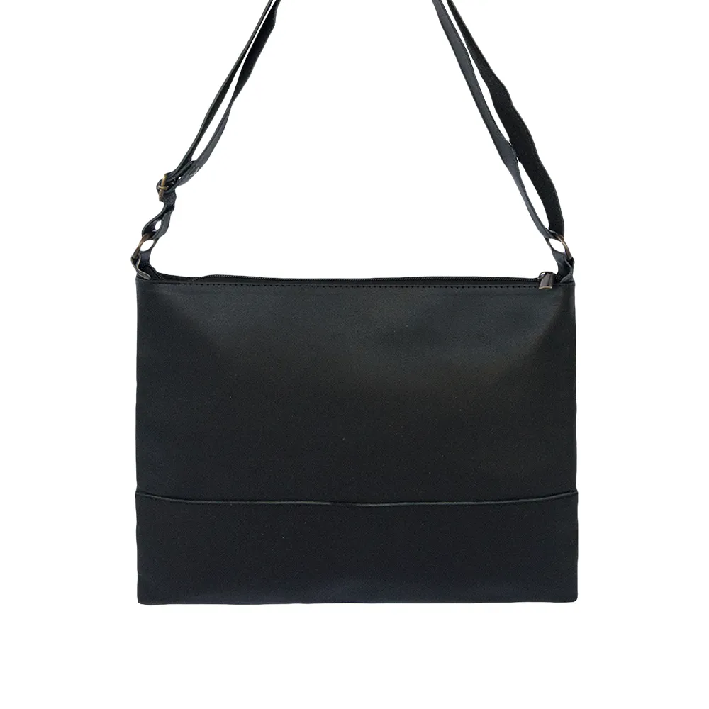 Cross-Body Bag in Black Leather with Burgundy Stripe.