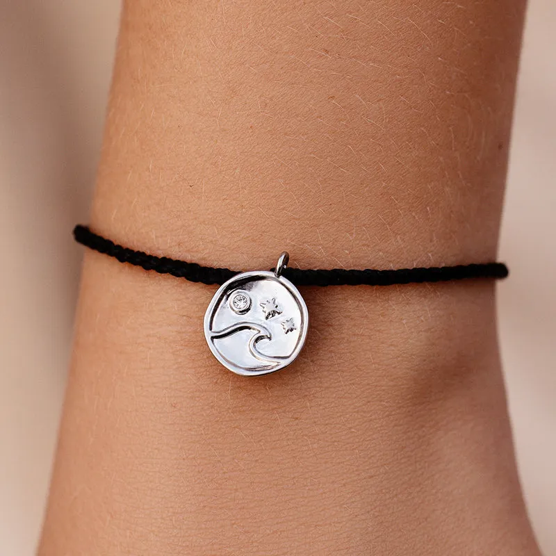 Crystal Wave Coin Silver Bracelet Black