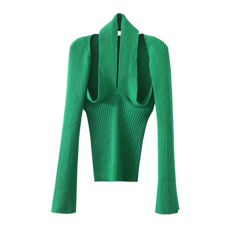 Cut Out Knitting Sweater For Women Halter Collar Long Sleeve Solid Minimalsit Skinny Pullover Female Clothing