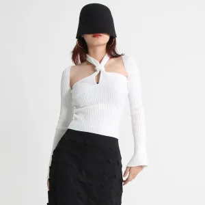 Cut Out Knitting Sweater For Women Halter Collar Long Sleeve Solid Minimalsit Skinny Pullover Female Clothing