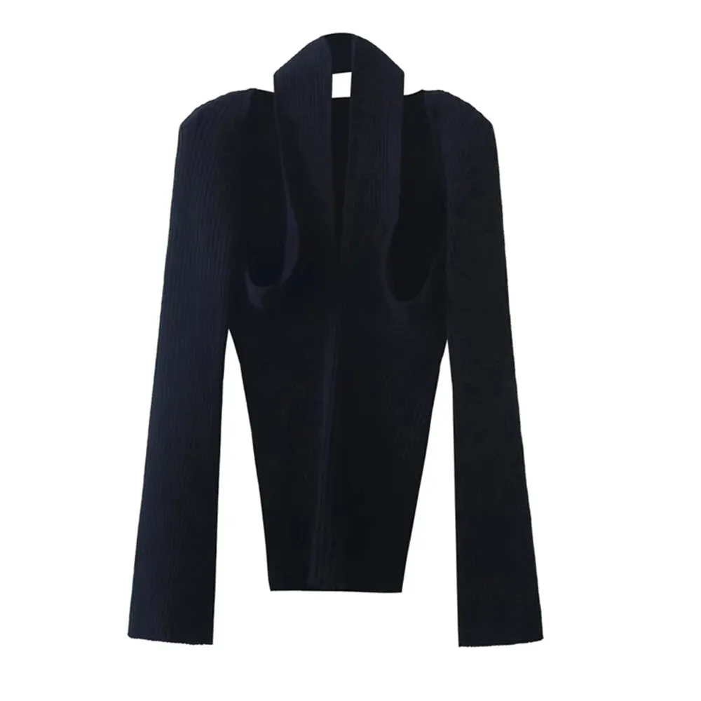 Cut Out Knitting Sweater For Women Halter Collar Long Sleeve Solid Minimalsit Skinny Pullover Female Clothing