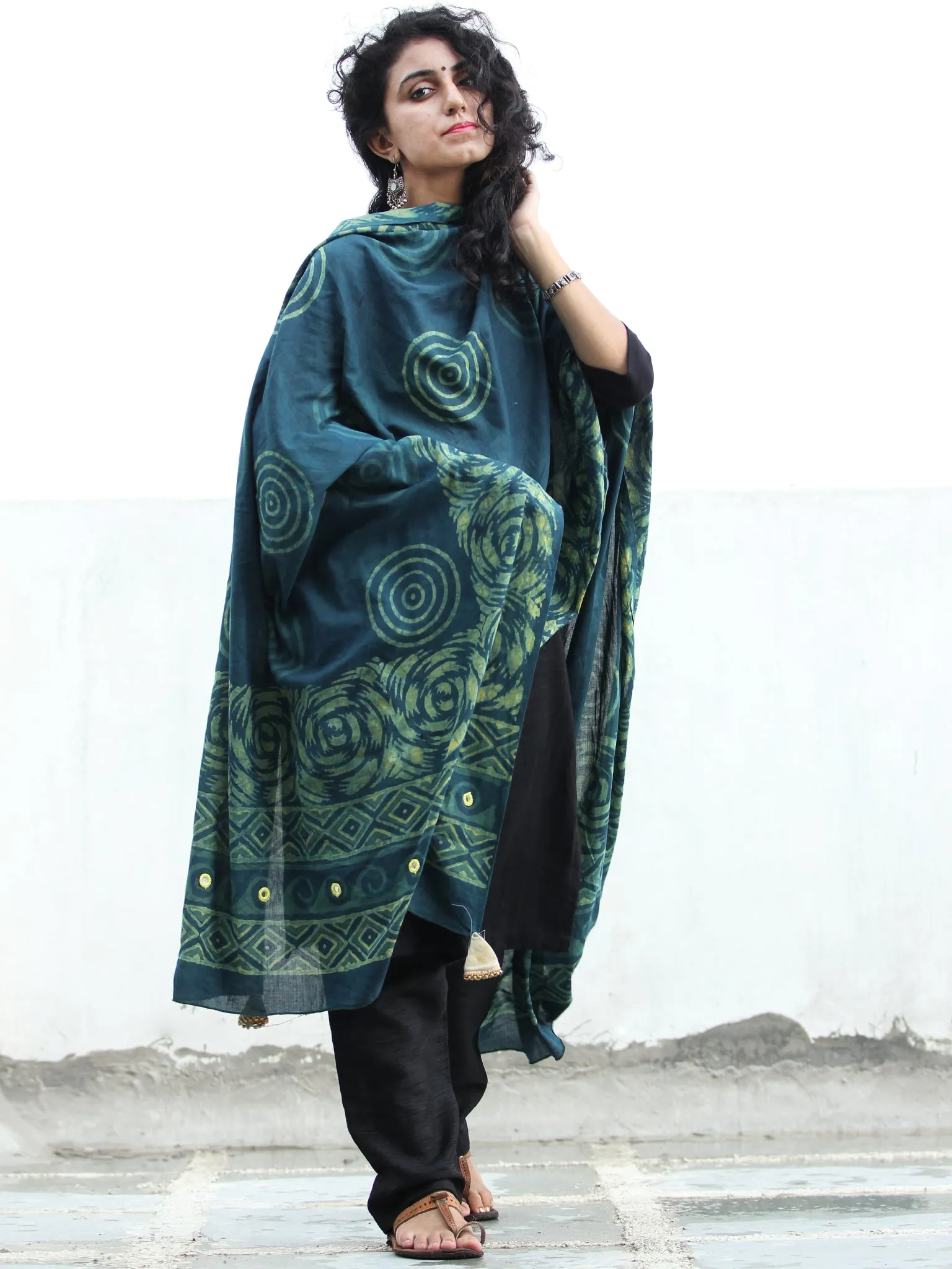 Deep Indigo Green Cotton Hand Block Printed Dupatta With Mirror Work   - D04170413