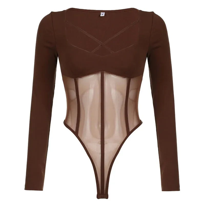 Fashion Skinny Corset Sexy Bodysuit Women Transparent Clubwear Party Body Catsuit Basic Mesh Spliced Jumpsuit Bandage