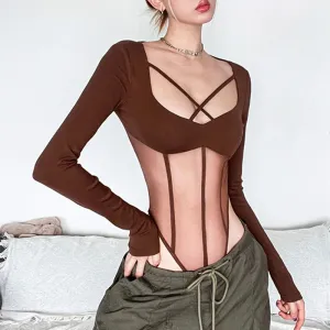 Fashion Skinny Corset Sexy Bodysuit Women Transparent Clubwear Party Body Catsuit Basic Mesh Spliced Jumpsuit Bandage