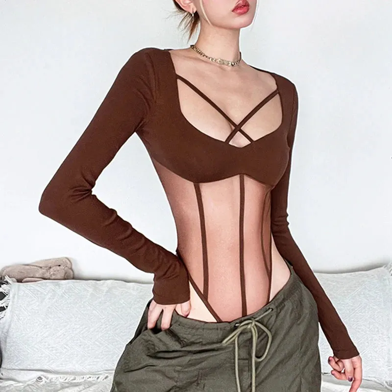 Fashion Skinny Corset Sexy Bodysuit Women Transparent Clubwear Party Body Catsuit Basic Mesh Spliced Jumpsuit Bandage