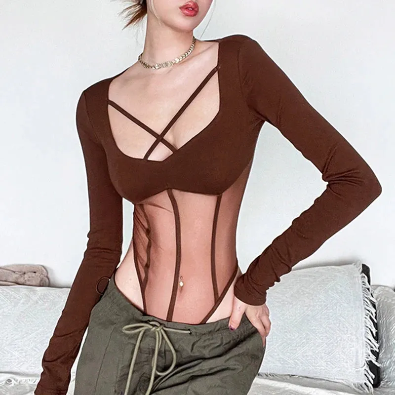 Fashion Skinny Corset Sexy Bodysuit Women Transparent Clubwear Party Body Catsuit Basic Mesh Spliced Jumpsuit Bandage