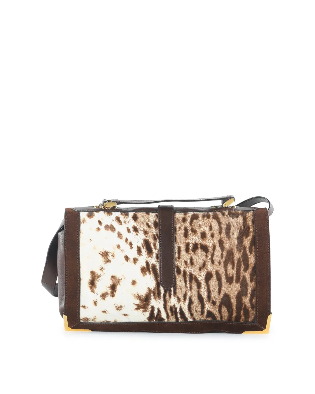 FENDI Brown Leather and Animal Print Pony Hair Crossbody Bag