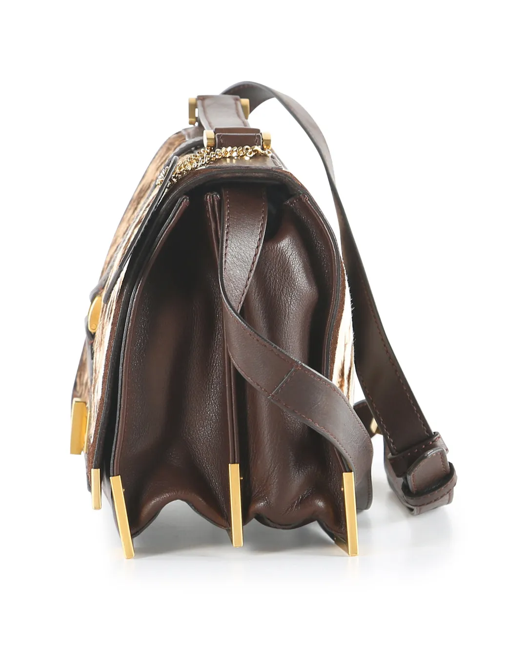 FENDI Brown Leather and Animal Print Pony Hair Crossbody Bag