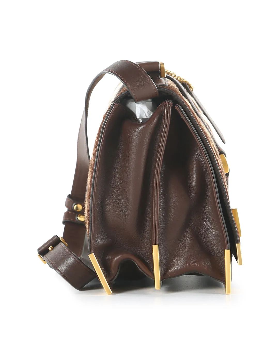 FENDI Brown Leather and Animal Print Pony Hair Crossbody Bag