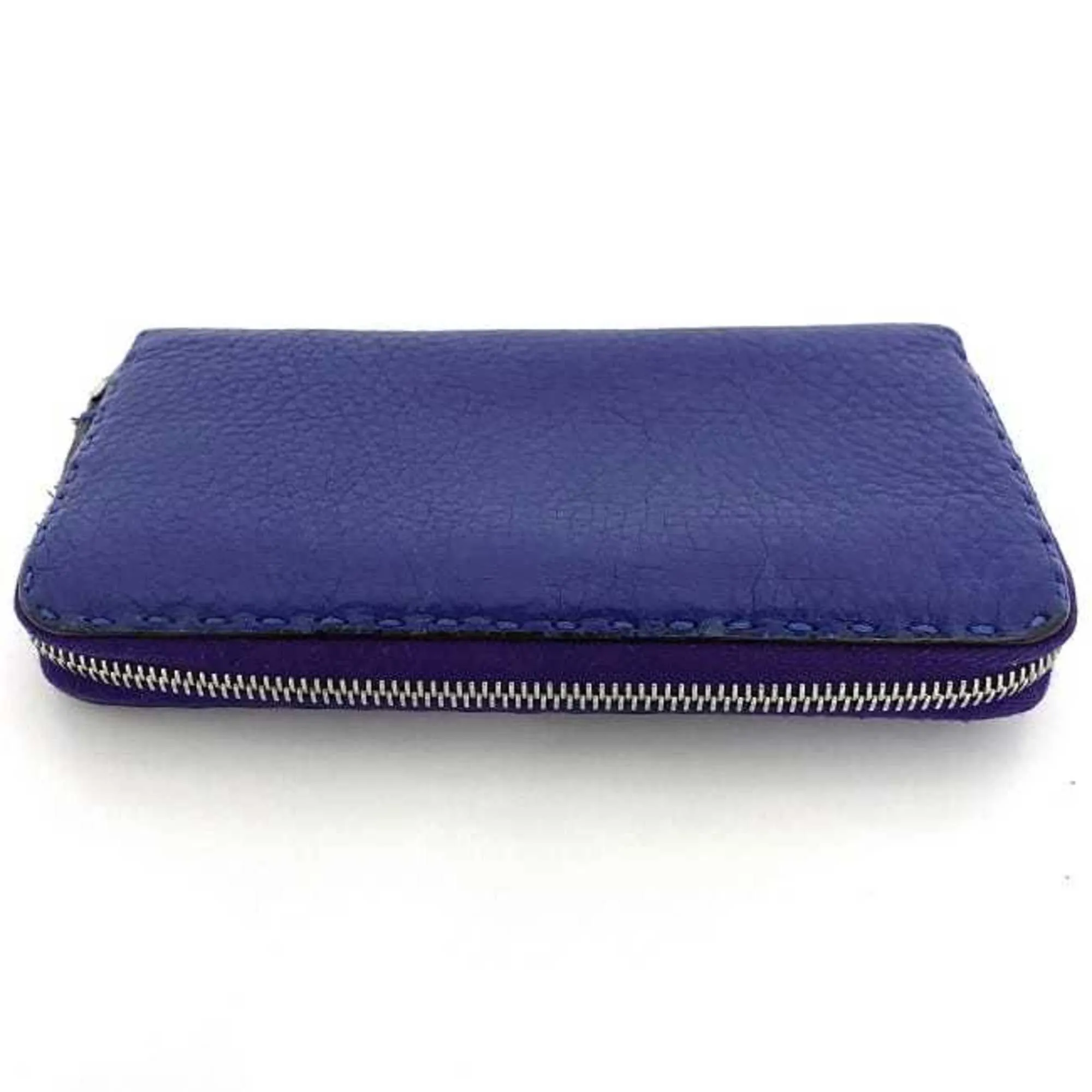 FENDI Round Long Wallet Blue Selleria Leather