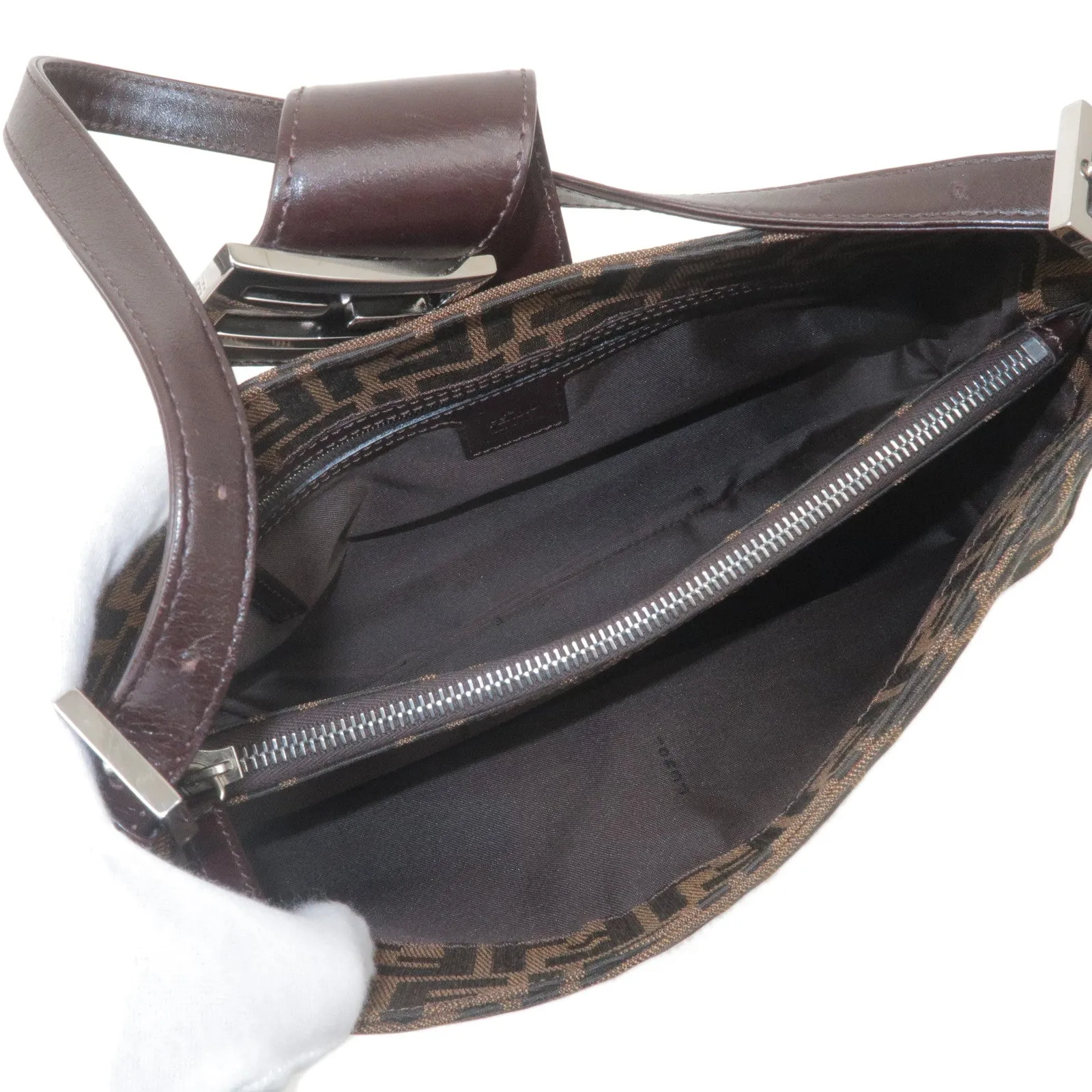 FENDI Zucca Canvas Leather Shoulder Bag Brown Black 16115