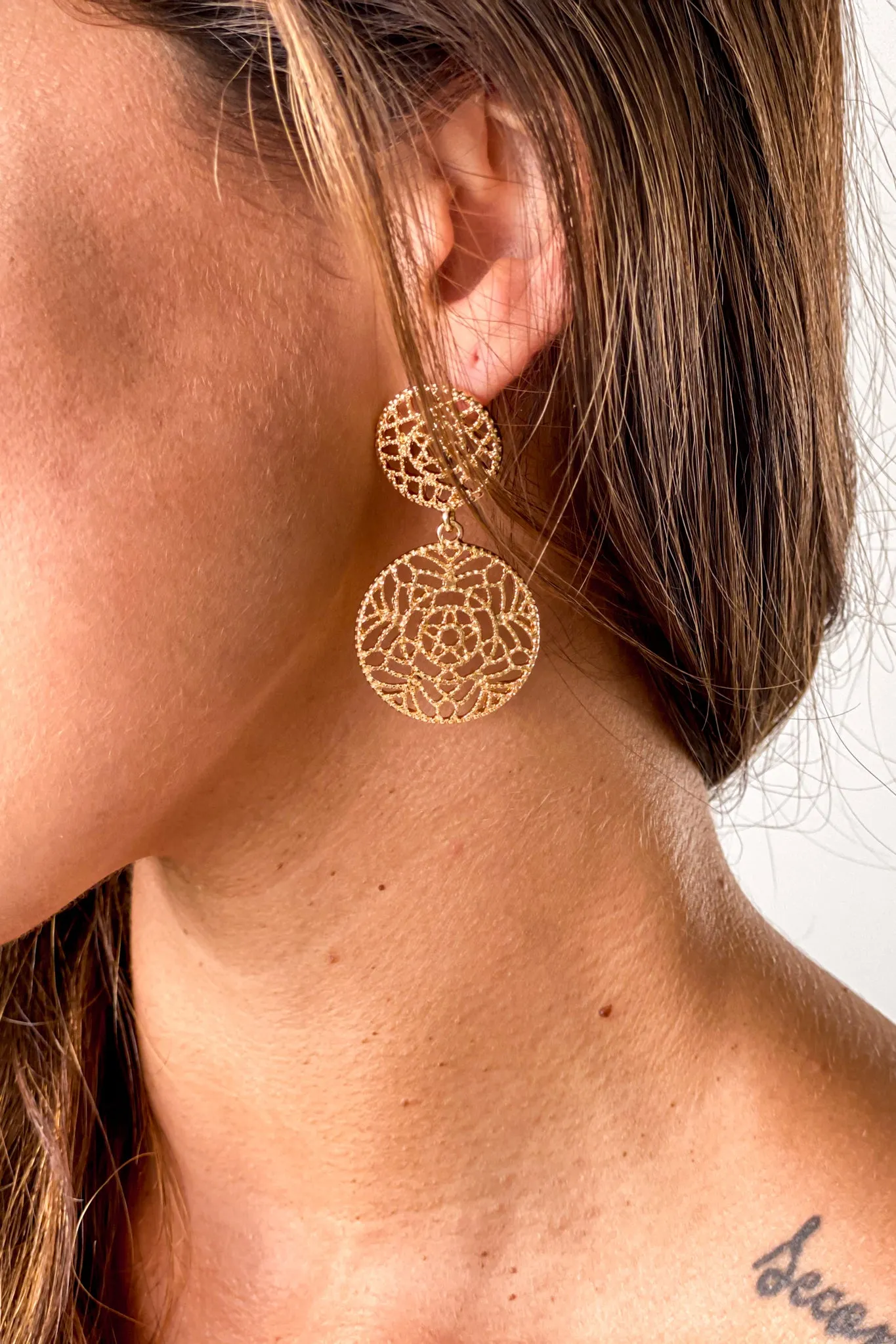 Gold Flower Pattern Medallion Earrings