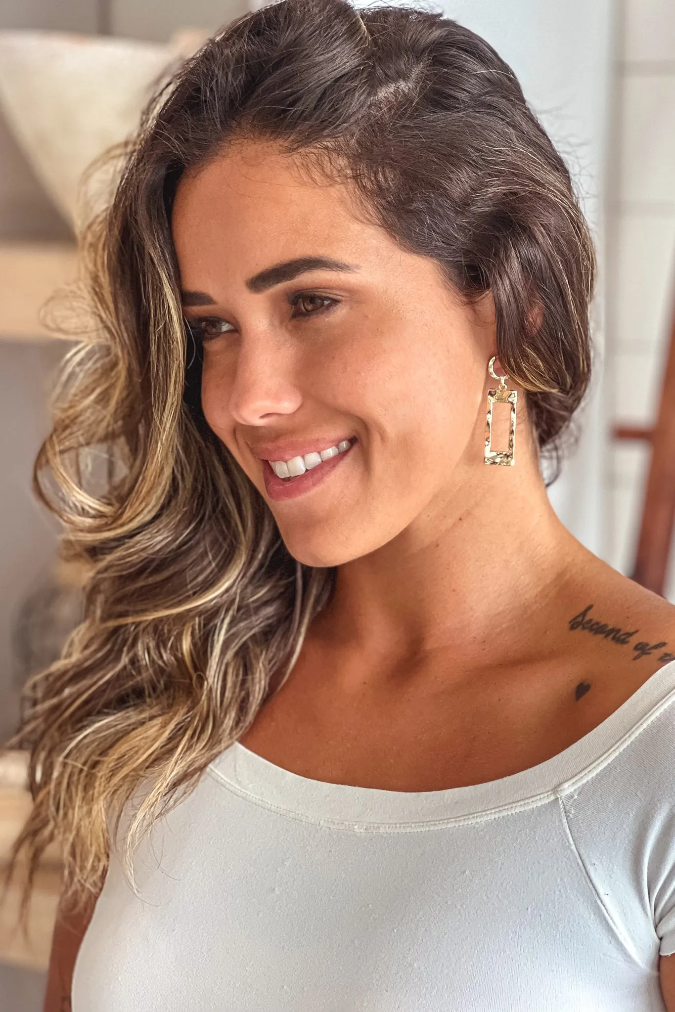Gold Rectangle Hoop Drop Earrings