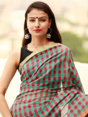 Green Maroon Handloom Mangalagiri Cotton Saree With Zari Border - S031703868
