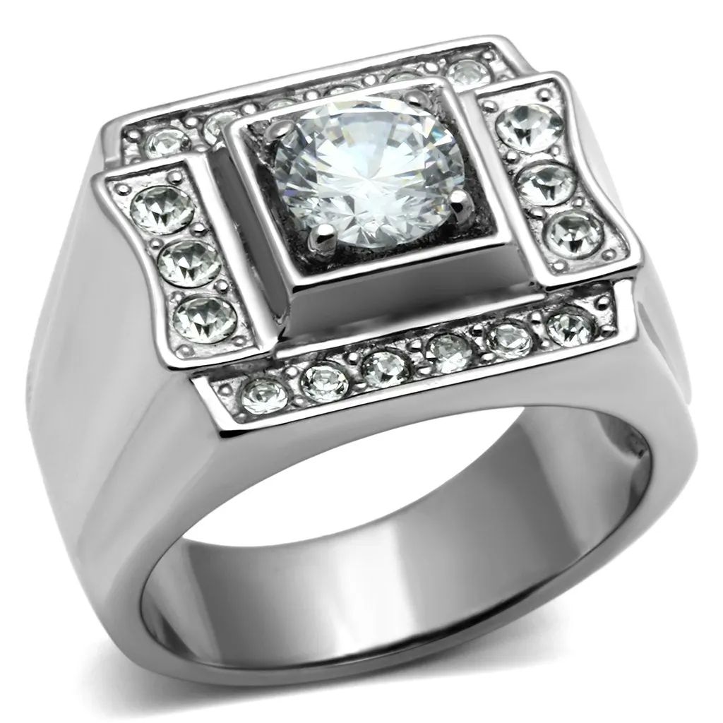 High polished (no plating) Stainless Steel Ring with AAA Grade CZ in Clear for Women Style TK593
